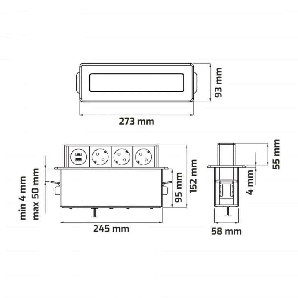 HOP BOX stal drapana 3 x gniazdo FR, 2 x USB typ A
