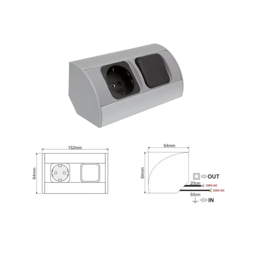 CORNER BOX aluminium 1x gniazdo Schuko + 1 x Wyłąc