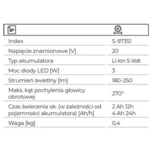 97351 LAMPA ROBOCZA AKUMULATOROWA WLS20-3W STALCO S-VOLT - obrazek 3