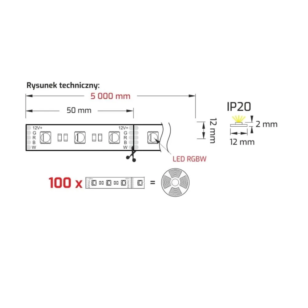 TAŚMA RGBW dł 5m IP20 60 LED/m szer 12mm, RGB + bi