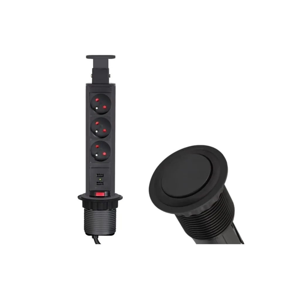 LIFT BOX czarny fi60mm, 3x gniazdo z bolcem +2xUSB