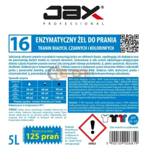 JAX16 5L ENZYMATYCZNY ŻEL DO PRANIA TKANIN BIAŁYCH, CZARNYCH, KOLOROWYCH - obrazek 4