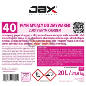 PŁYN MYJĄCY DO ZMYWAREK BISTRO Z AKTYWNYM CHLOREM JAX40 20l - obrazek 4