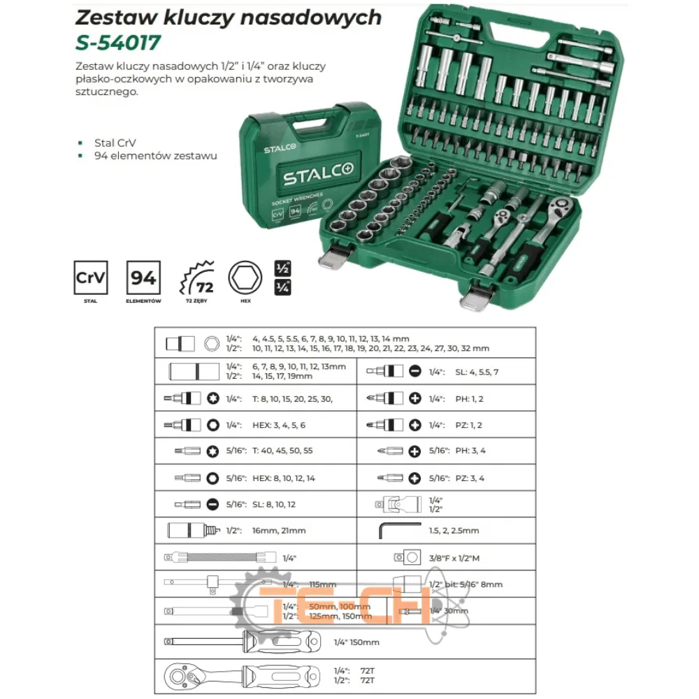 54017 ZESTAW KLUCZY NASADOWYCH, 94 ELEMENTY STALCO