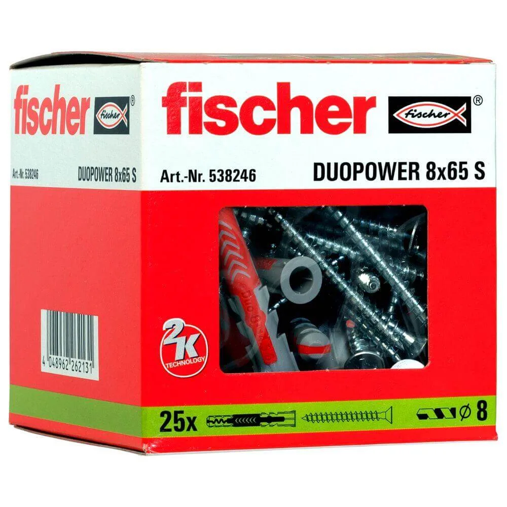 25x kołek FISHER DUOPOWER 8X65 S mocowanie uniwersalne z wkrętem (wersja długa) 538246