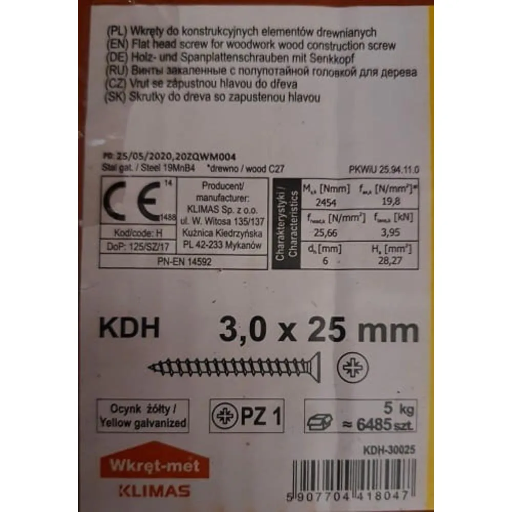 Wkręty hartowane do drewna 3x25 ZŁOTE 5kg KDH-30025 ok 6485szt