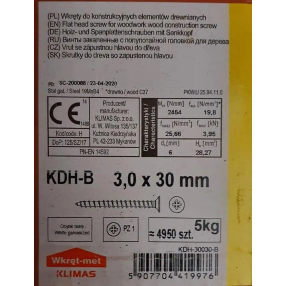 Wkręty hartowane do drewna 3x30 ZŁOTE 5kg KDH