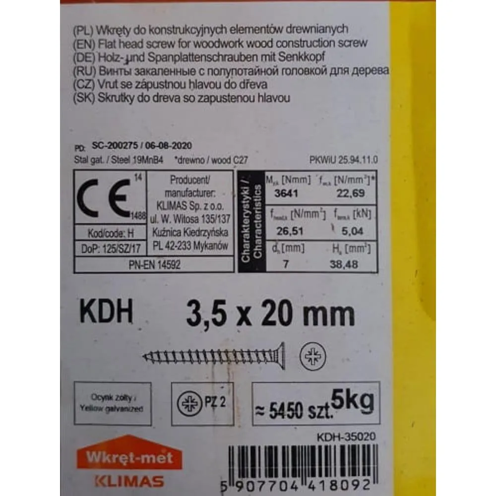 Wkręty hartowane do drewna 3,5x20 ZŁOTE 5kg KDH-35020 ok5450szt