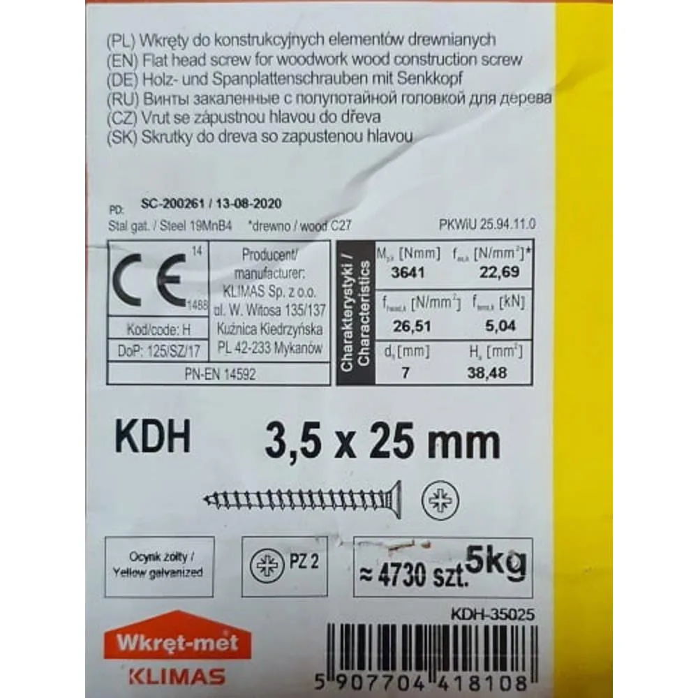 Wkręty hartowane do drewna 3,5x25 ZŁOTE 5kg KDH