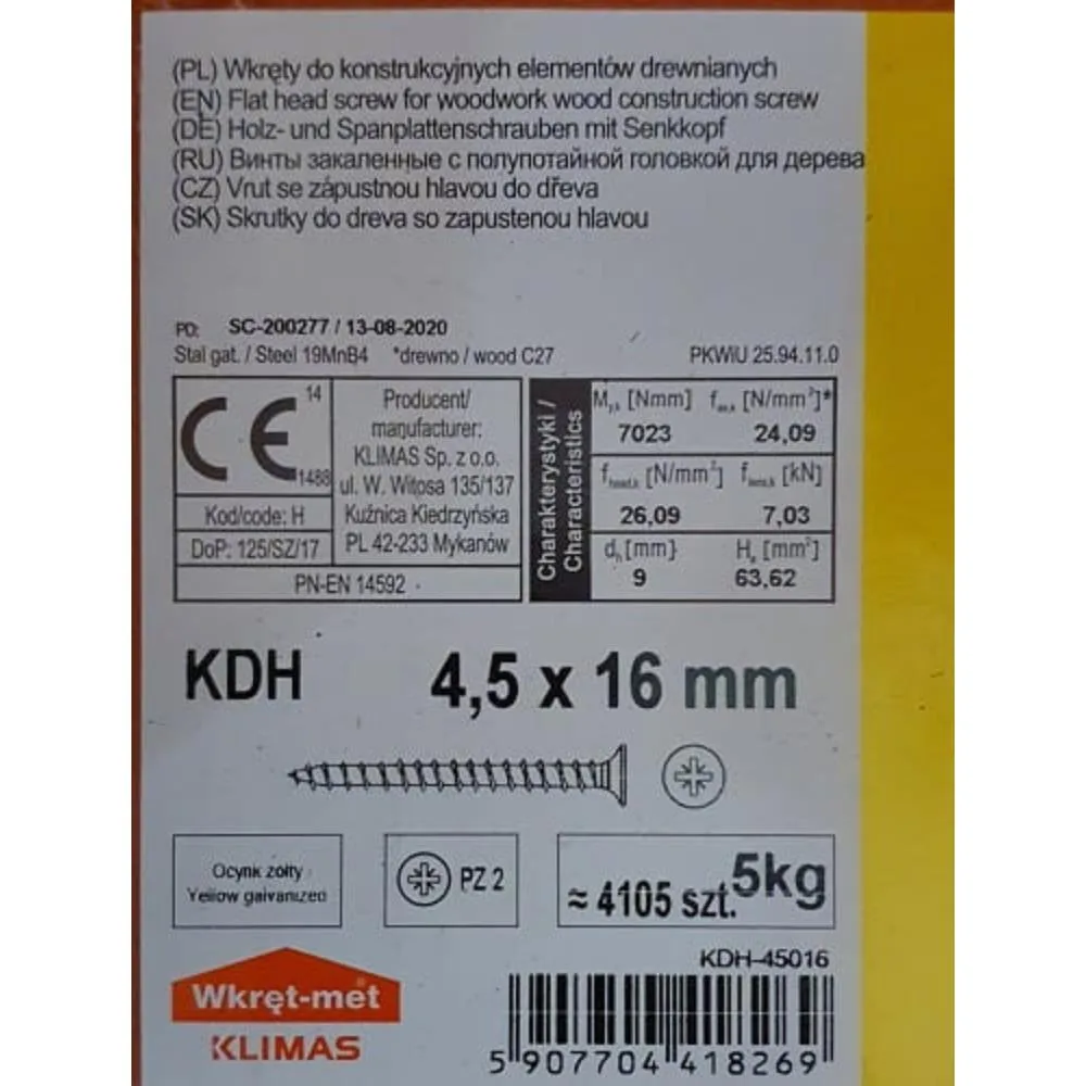 Wkręty hartowane do drewna 4,5x16 ZŁOTE 5kg KDH