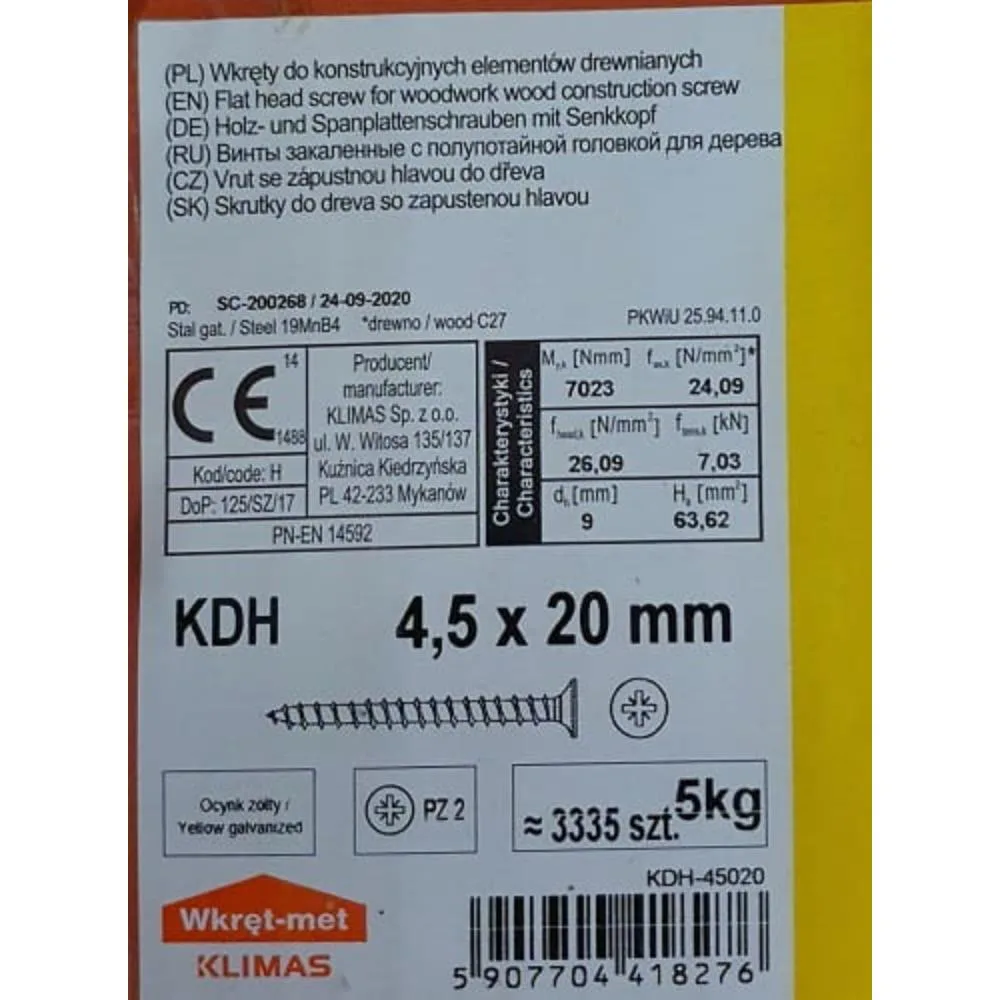 Wkręty hartowane do drewna 4,5x20 ZŁOTE 5kg KDH-45020 ok3335szt