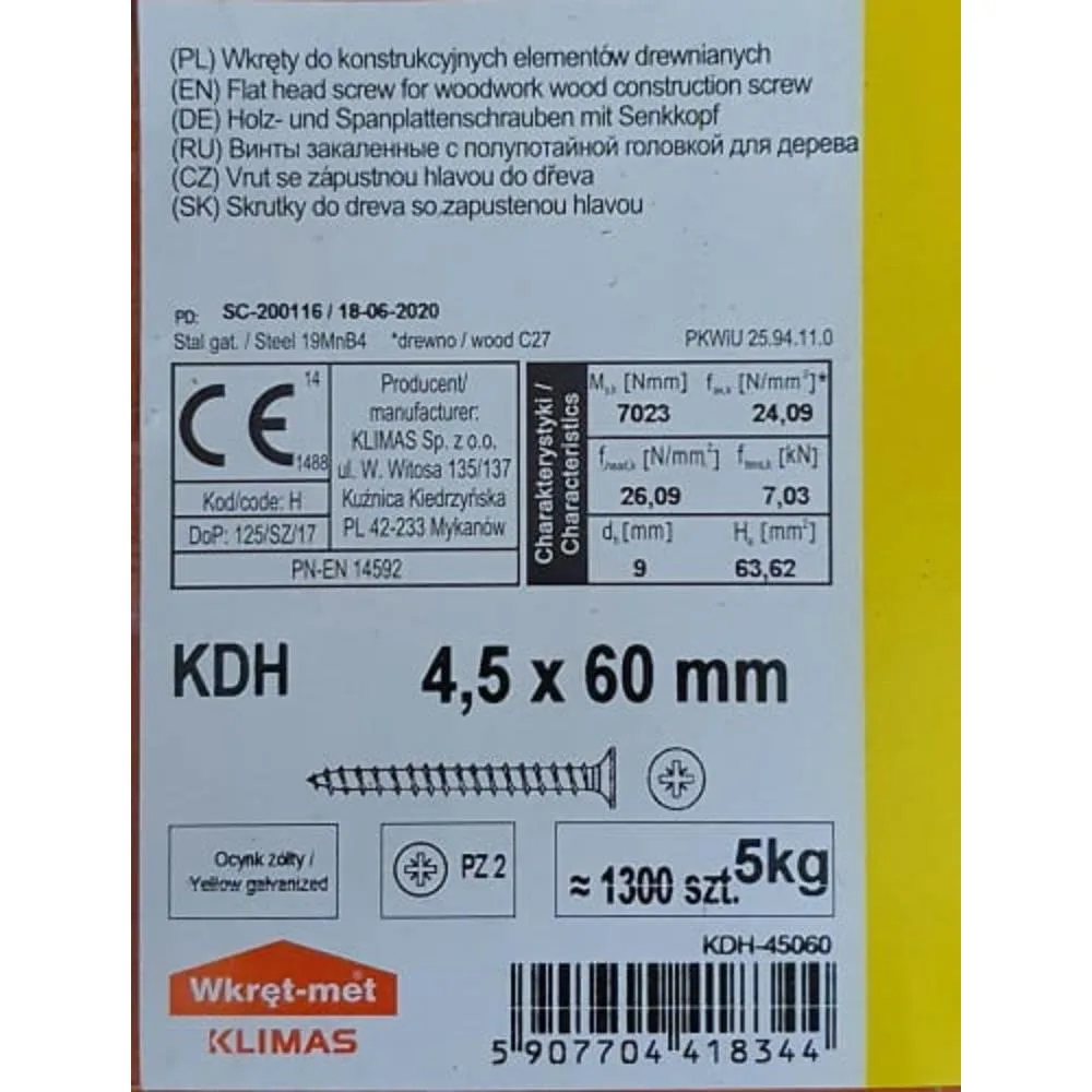 Wkręty hartowane do drewna 4,5x60 ZŁOTE 5kg KDH-45060 ok 1300szt