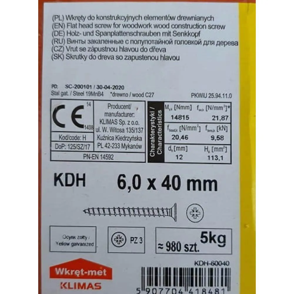 Wkręty hartowane do drewna 6x40 ZŁOTE 5kg KDH-60040 ok980szt
