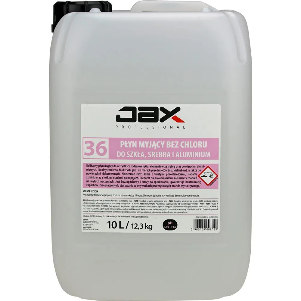 PŁYN MYJĄCY DO SZKŁA SREBRA I ALUMINIUM do zmywarek JAX 36 10l