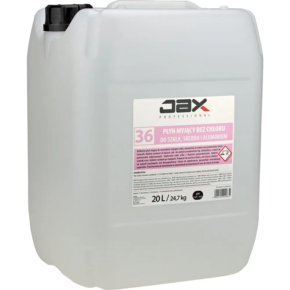 JAX36 20l PŁYN MYJĄCY DO SZKŁA SREBRA I ALUMINIUM do zmywarek